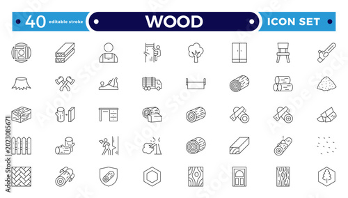 Schilderij op canvas Wood and Timber Industry Outline Icon Set with Carpenter Tools, Sawmill, Lumberjack, Log, Plank, and Forest Production Symbols for Construction, Flooring