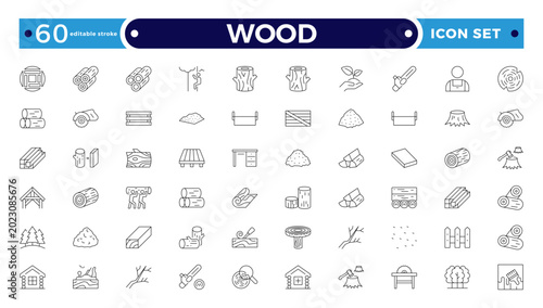 Foto Wood and Timber Industry Outline Icon Set with Carpenter Tools, Sawmill, Lumberjack, Log, Plank, and Forest Production Symbols for Construction, Flooring