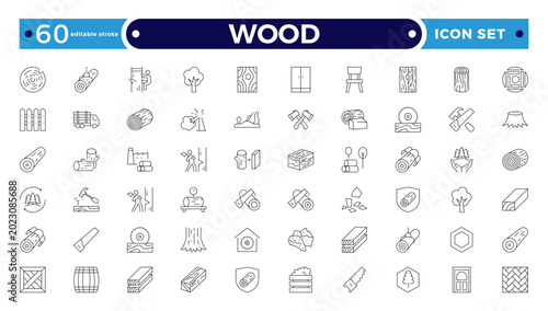 Foto Wood and Timber Industry Outline Icon Set with Carpenter Tools, Sawmill, Lumberjack, Log, Plank, and Forest Production Symbols for Construction, Flooring
