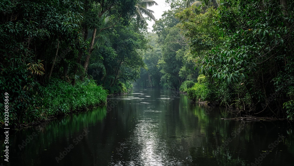 Fototapeta premium Tranquil River Scene Surrounded by Dense Green Forests on a Calm Day