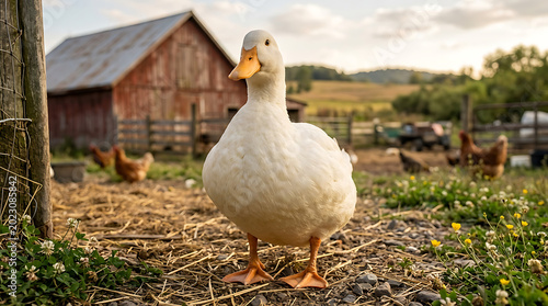 A white duck standing on a farm
