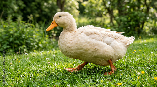 A cute white duck walking on green grass in a garden