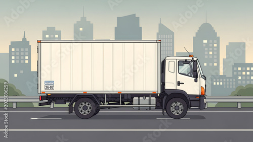 Foto white delivery truck on urban road with modern city skyline and gray buildings