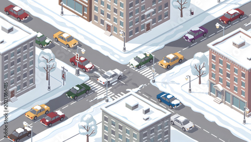 Photos isometric snowy city intersection with cars buildings and pedestrians crossing s