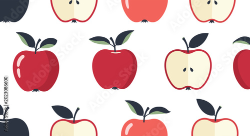 Repeating pattern of red apples and apple halves with green leaves and dark seeds shown on a clean and simple white background.