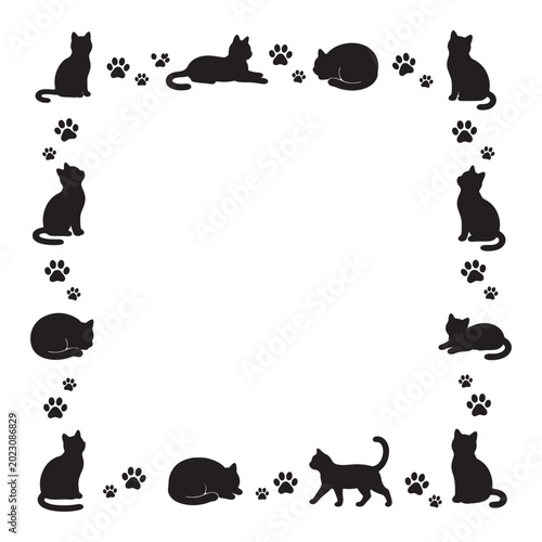 Black cat silhouettes with paw prints creating a playful border design for graphic elements