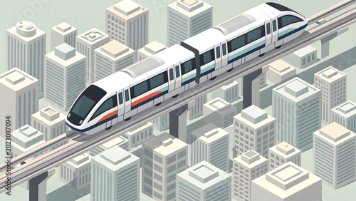 Tableau sur toile modern white and gray monorail train on elevated tracks in cityscape with geomet