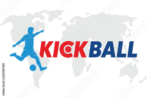 Kickball logo with a silhouette of a player kicking a ball over a world map