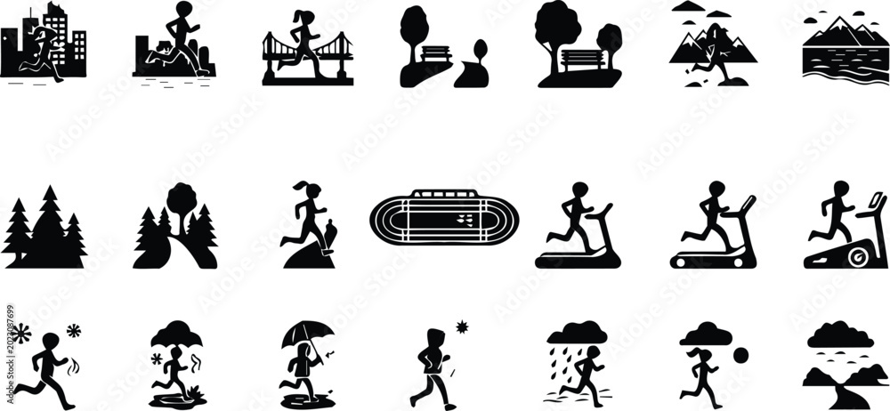 Obraz premium Outdoor Running and Nature Silhouette Icon Set with Treadmill Park Forest Mountain Weather and Fitness Activity Vector Collection Design