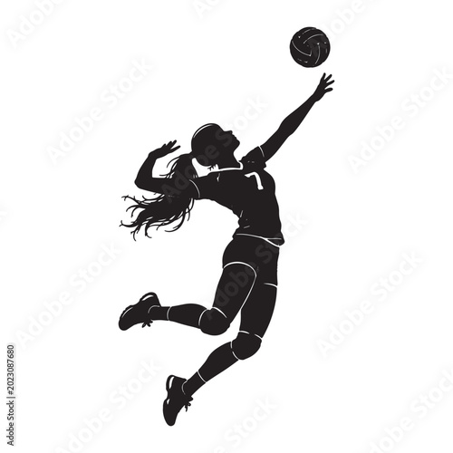 Female athlete's silhouette in action during a volleyball spike against a white background with copy space