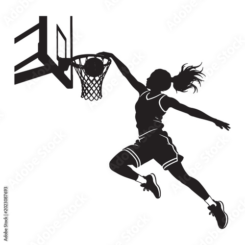 Female basketball player silhouette dunking ball during game against white background dynamic action