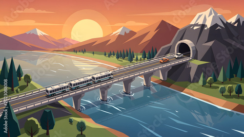 Tableau sur toile modern train crossing bridge over river near mountain tunnel at sunset with vibr