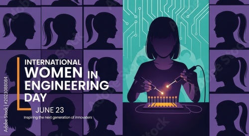 International Women in Engineering Day illustration with female engineer at laptop