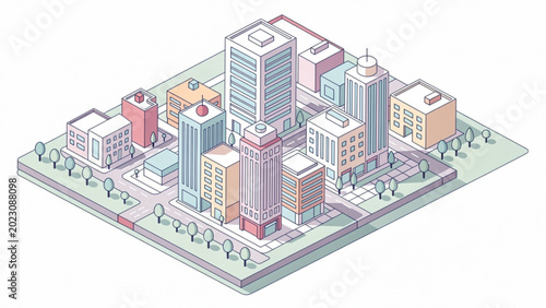 Fotografie isometric cityscape with modern colorful buildings green trees and pedestrian pa