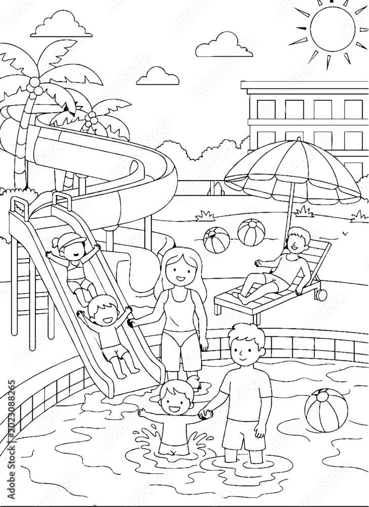 Naklejka premium Family enjoying summer fun at a water park pool