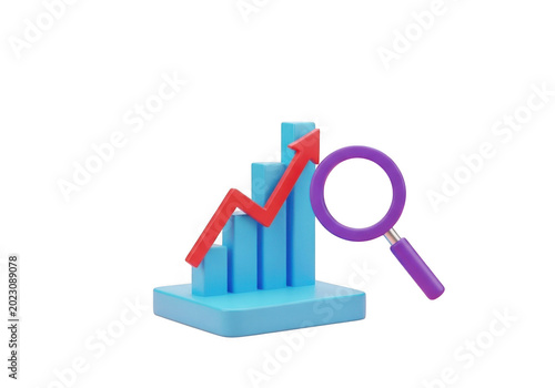 3d bar chart with an upward red arrow and a magnifying glass isolated on transparent background