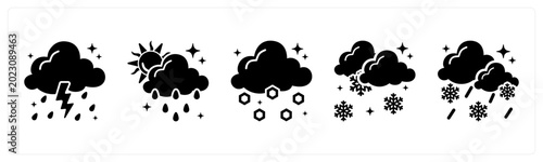 Foto A set of 5 mix icons as thunderstorm, downpour, hail