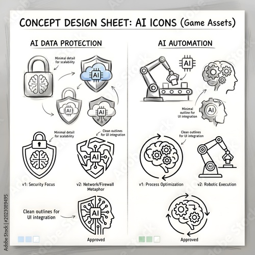 Concept Design Sheet Featuring AI Icons and Data Protection Symbols.