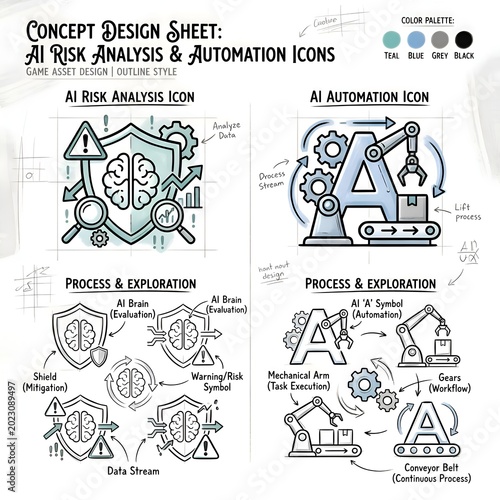 AI Risk Analysis and Automation Icons Concept Design Sheet.