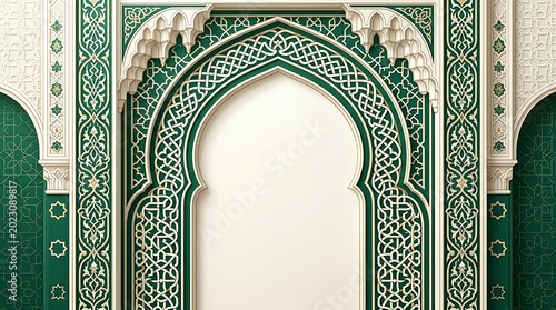 Elegant green and white Islamic archway with intricate geometric patterns, representing traditional architecture and cultural design