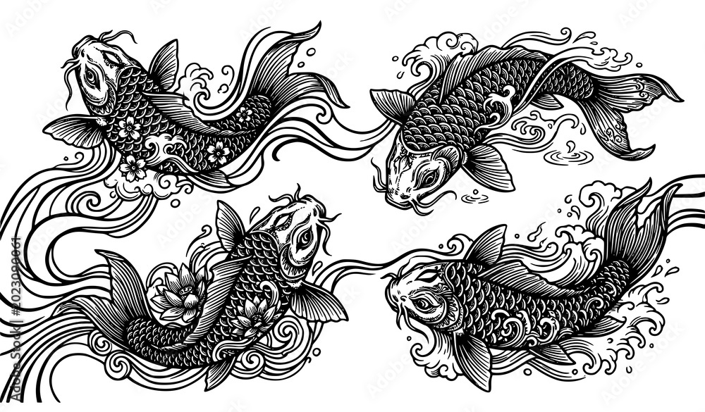 Fototapeta premium Japanese Koi Fish Swimming with Water Splash Engraving Style Vector Illustration Artwork