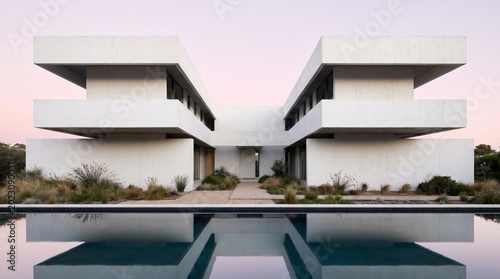Modern luxury mansion house with flat roof architecture and reflection pool in a peaceful garden setting during a bright clear day