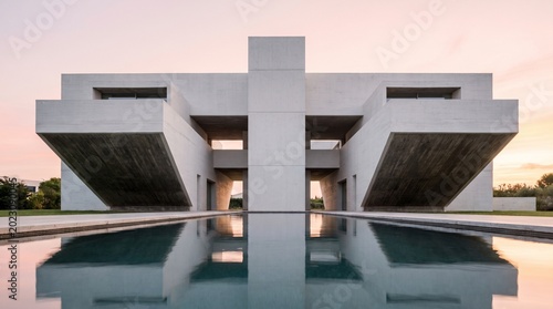 Modern concrete building with geometric symmetrical design and reflection in water pool at sunset