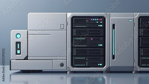Foto modern server racks with black panels blue lights and sleek gray casing in data