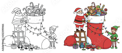 Schilderij op canvas Christmas Santa Claus and his helper elf are filling a giant holiday stocking fo