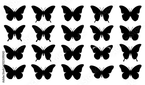 Photos Set of black butterfly silhouettes isolated on white background