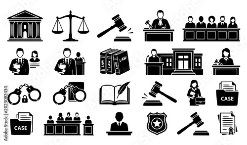 Foto Law, justice, and legal courtroom elements black solid icons set