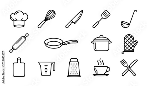 Photos Modern kitchen utensils and baking equipment outline icons set