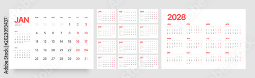 Cuadro en lienzo Monthly calendar template for 2027 year