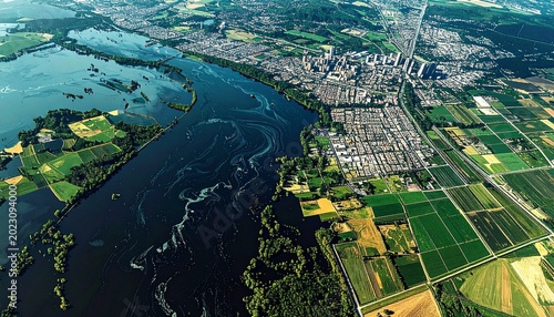 Aerial view of flooded agricultural land and urban area in false-color radar imagery