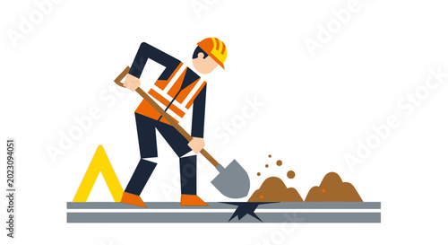 Road Construction Worker Digging With Shovel Flat Vector Illustration