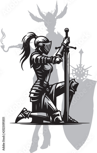 Kneeling Female Knight Silhouette with Mythical Goddess Shadow – Conceptual Warrior Woman and Inner Power Vector Illustration