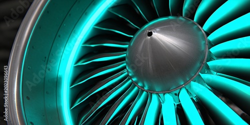 close-up of jet engine turbine with illuminated blades for aviation and engineering concepts