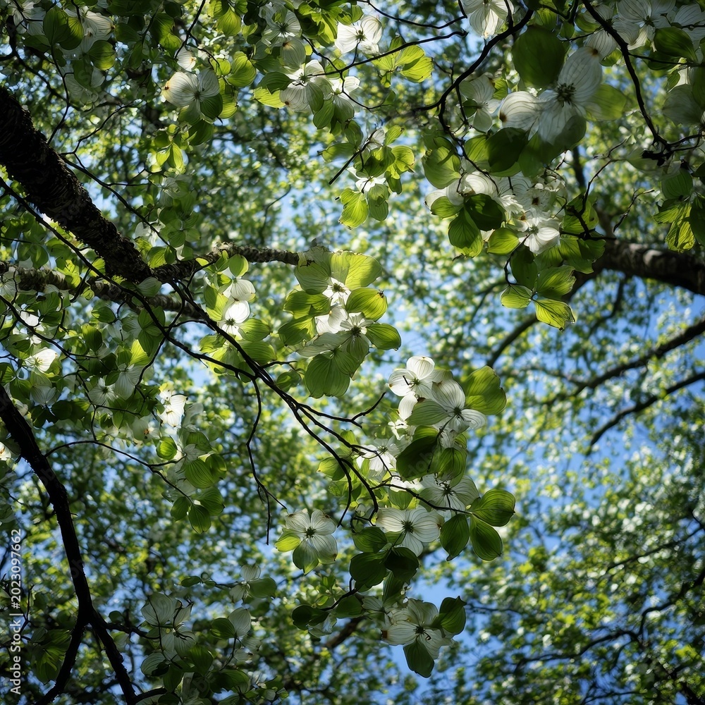 Fototapeta premium Lush green leaves and delicate white spring blossoms frame a bright blue sky above a tree branch.