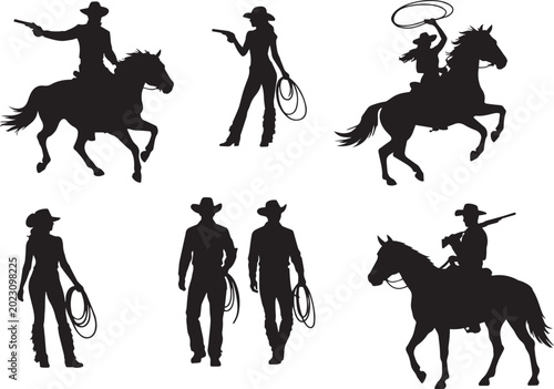 Fotografi Wild West cowboy silhouettes set, black western horse rider vector icons, 6 outl