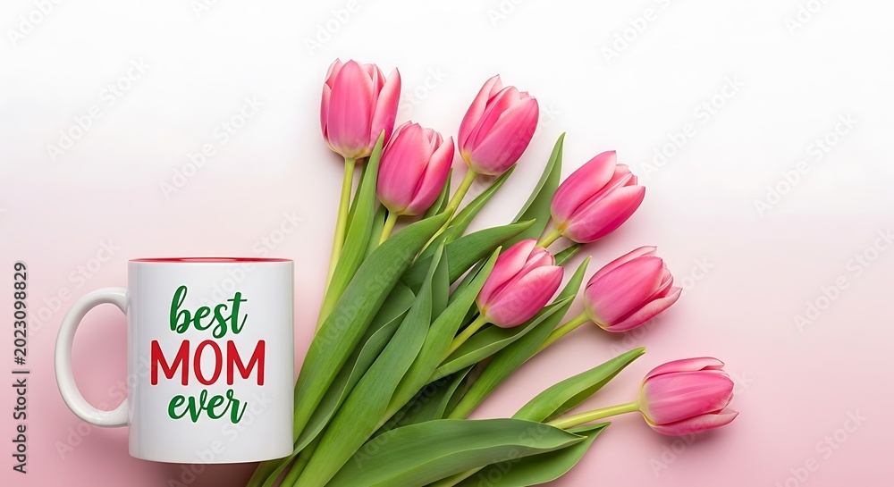 Fototapeta premium Pink tulips with best mom ever coffee mug