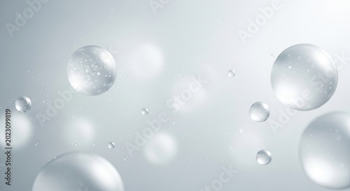Floating silver bubbles and glowing particles drift across a clean gray surface Abstract Background Concept Design