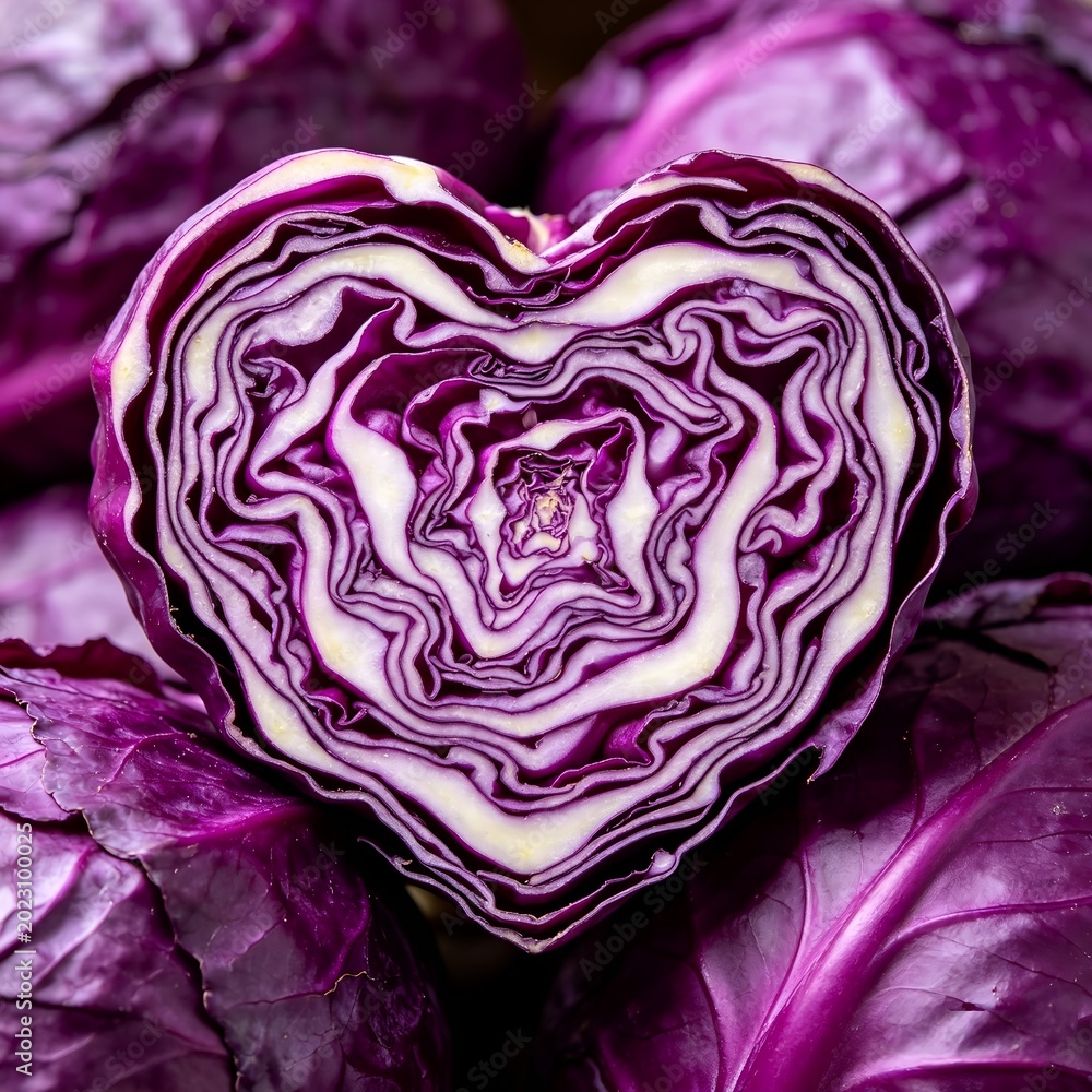 Obraz premium Heart Shaped Cross Section of Purple Red Cabbage, Natural Pattern and Texture Closeup