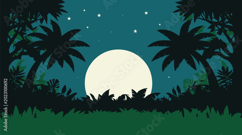 A beautiful tropical island beach landscape with palm tree silhouettes against a sunset ocean sky vector illustration for your summer vacation paradise design