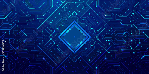 Fotografía Abstract circuit board pattern with glowing blue microchip in the center digital