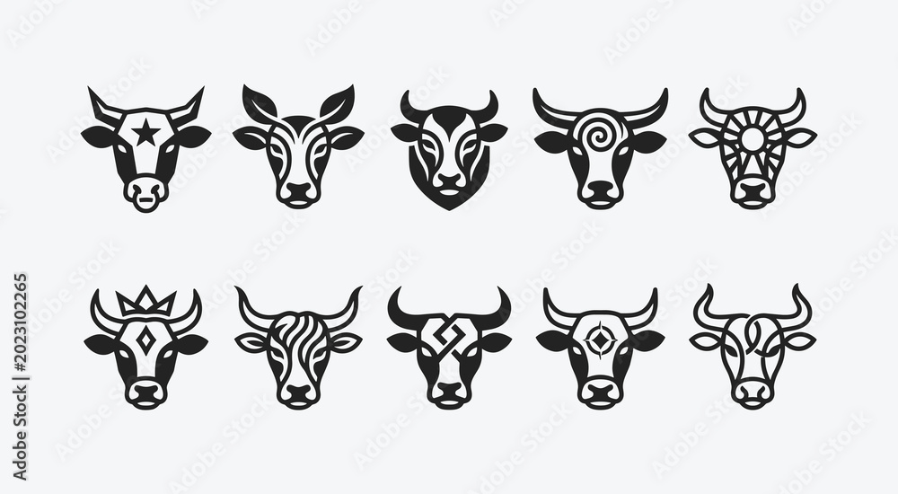 Obraz premium Set of stylized bull head logos and icons with black and white vector