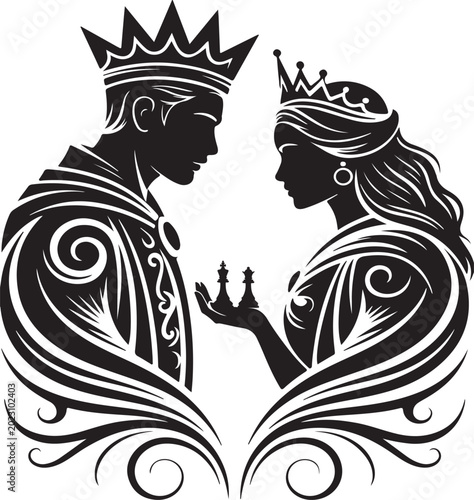 Majestic King and Queen Silhouette Art - Elegant Royal Couple with Chess Pieces & Filigree Ornamentation