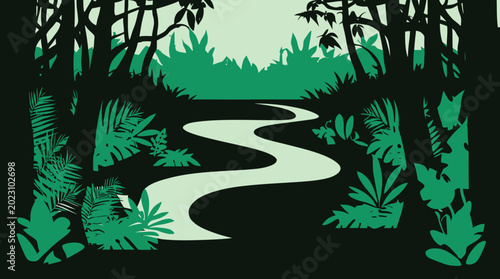 A beautiful tropical island beach landscape with palm tree silhouettes against a sunset ocean sky vector illustration for your summer vacation paradise design