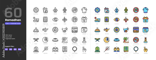 Photos Ramadan icon set collection - colored outline line art style