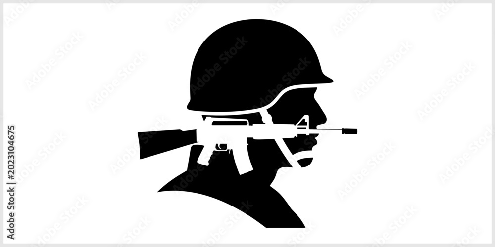 Naklejka premium Silhouette of Soldier in Helmet with Rifle