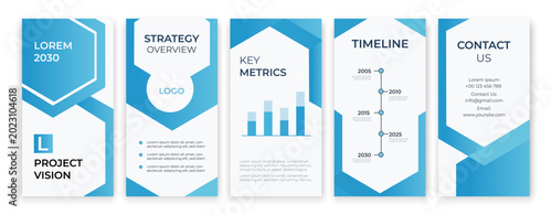 Corporate presentation layout template set with blue geometric hexagon shapes, infographics bar chart, timeline roadmap, and clean minimalist business design.